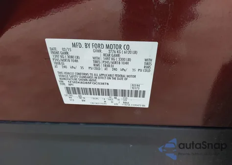 2015 Ford Explorer Xlt from USA, damaged, VIN 1FM5K8D85FGC03878